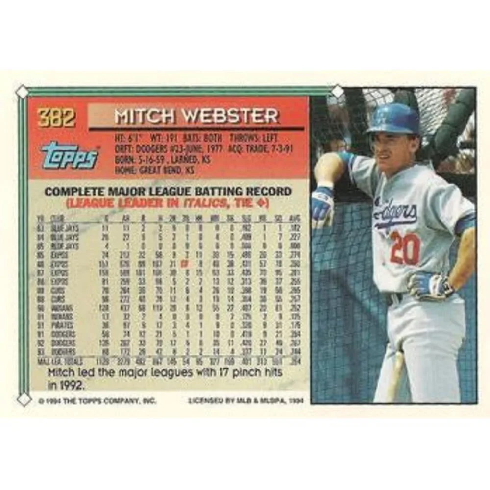1994 Topps Mitch Webster # 382 Los Angeles Dodgers